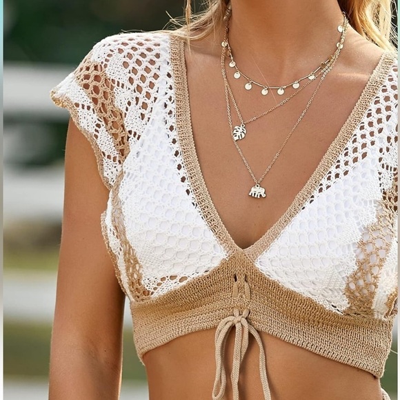 Tops - Womens Crochet Sleeveless Crop Top 
White & Tan Khaki Size Small Beach Cover up